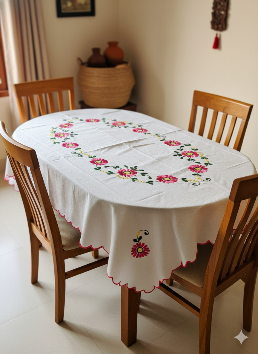 Hand Embroidered Floral Table Cover