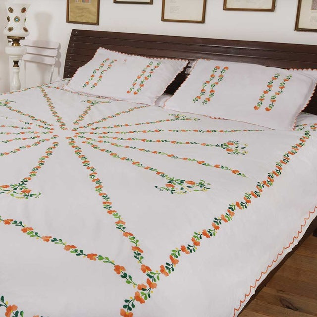 Chikonwala's Hand Embroidered Floral Design Pure White Bedsheet