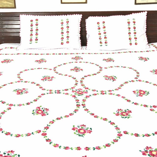 Chikonwala's Hand Embroidered Floral Design Pure White Bedsheet