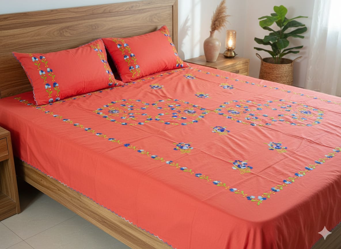 Chikonwala's Hand Embroidered Floral Design Bedsheet