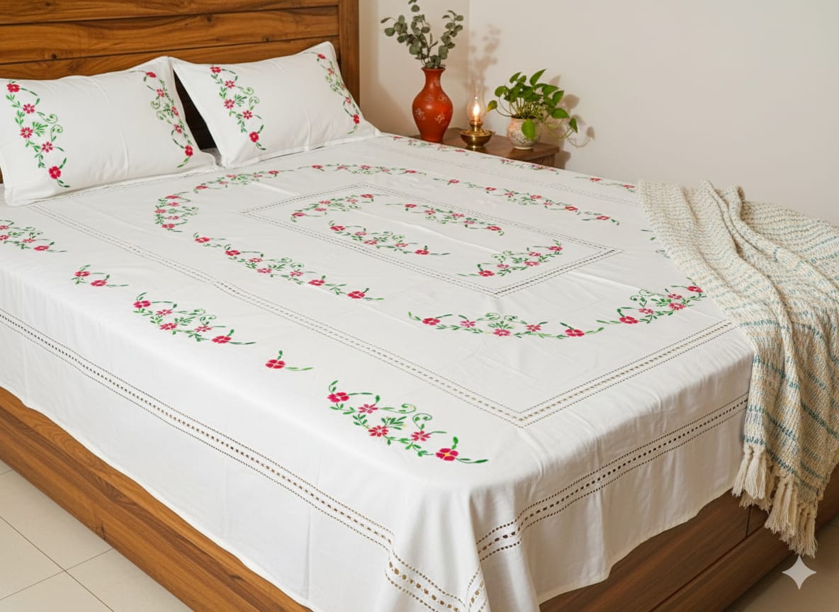 Chikonwala's Floral Embroidered Cotton Beading  Bedsheet