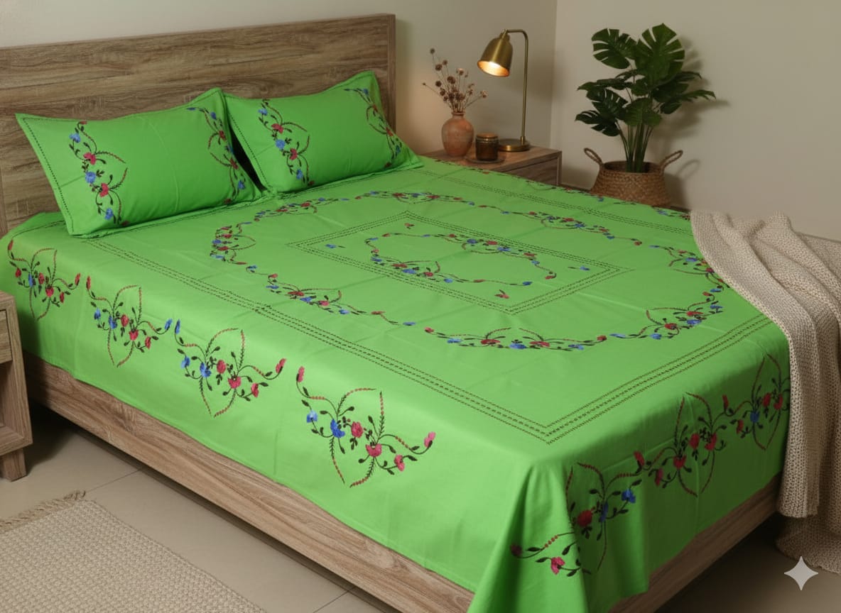 Chikonwala's Floral Embroidered Cotton Beading  Bedsheet