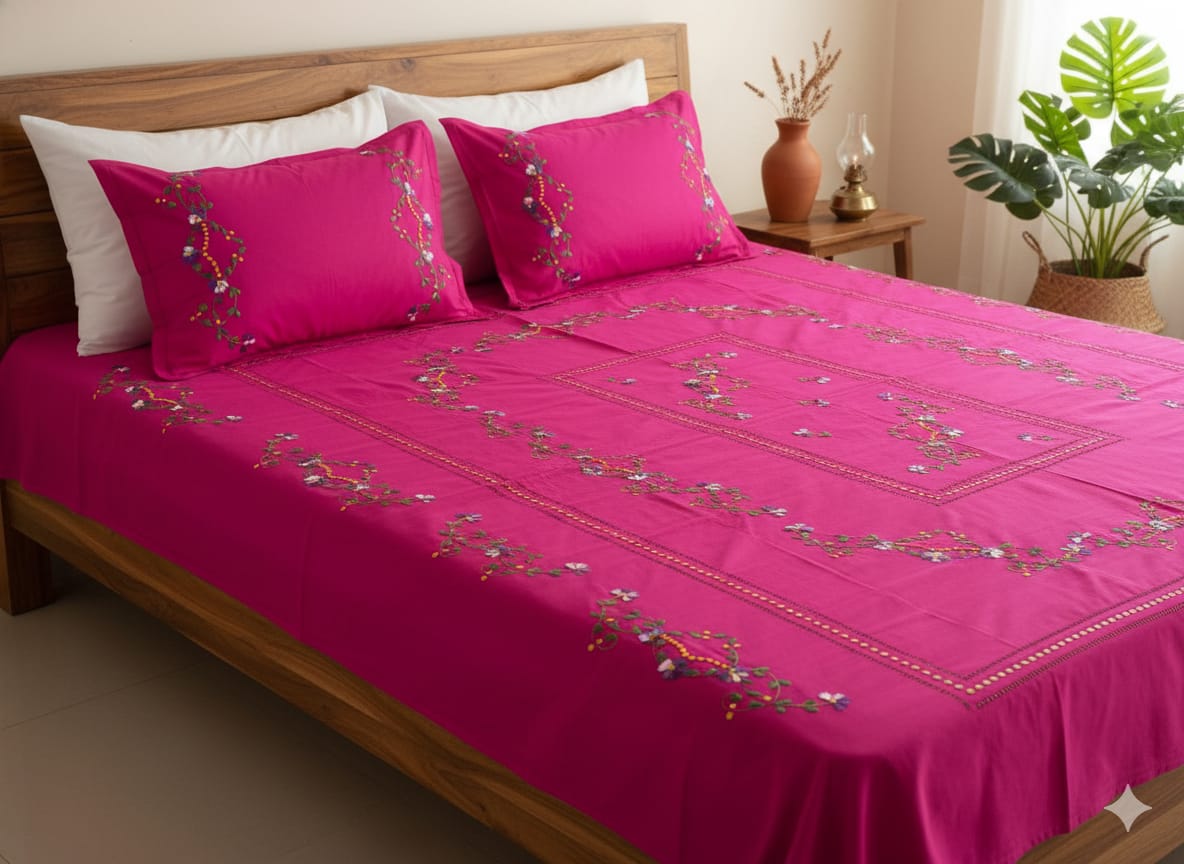 Chikonwala's Floral Embroidered Cotton Beading  Bedsheet