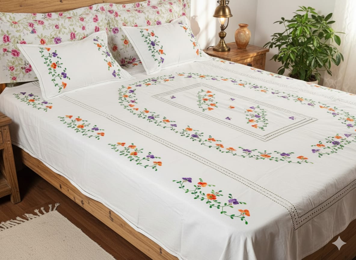 Chikonwala's Floral Embroidered Cotton Beading  Bedsheet
