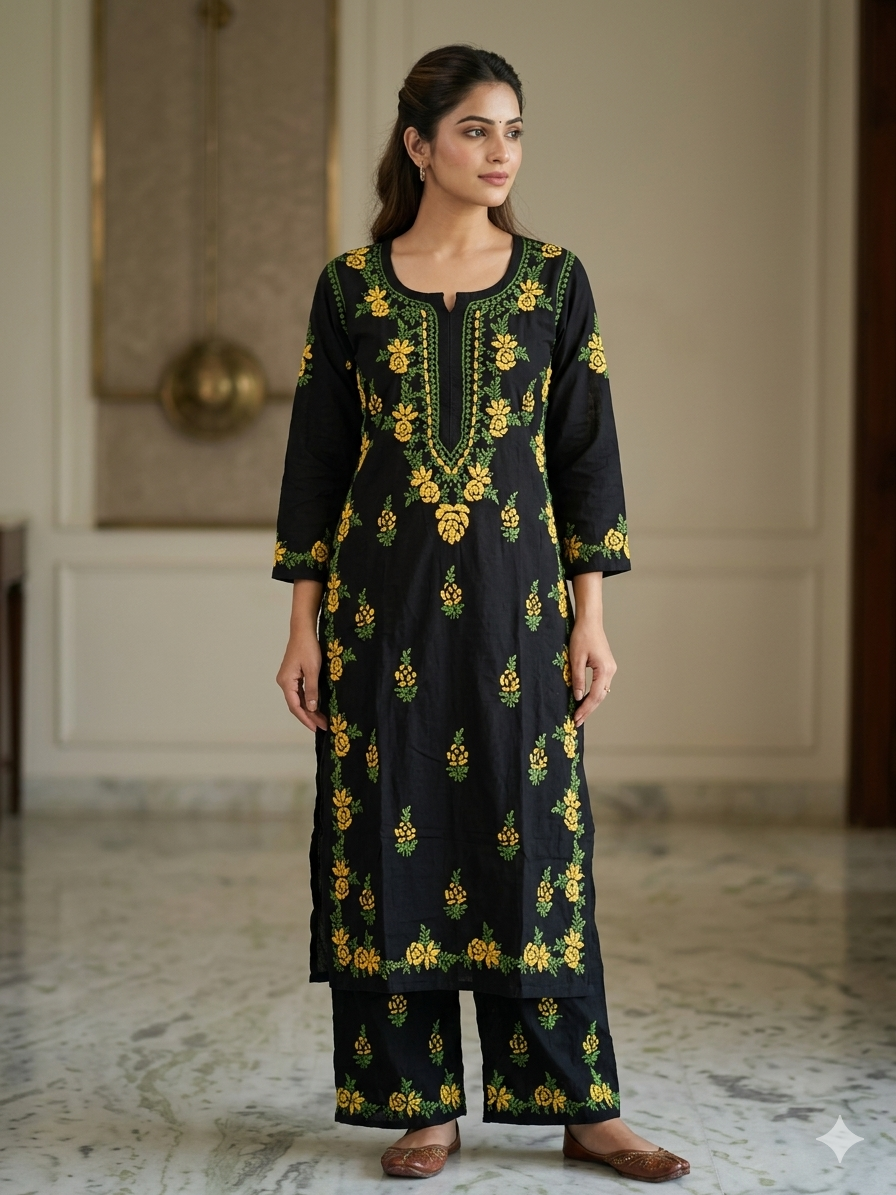 Black Modal Chikankari Hand Embroidered 2-Piece Kurti Pant Set