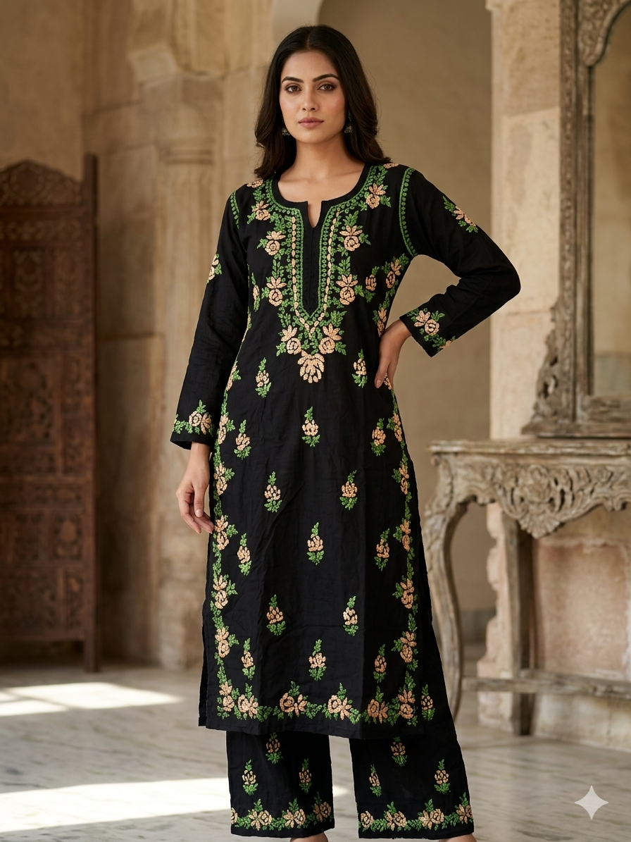 Black Modal Chikankari Hand Embroidered 2-Piece Kurti Pant Set