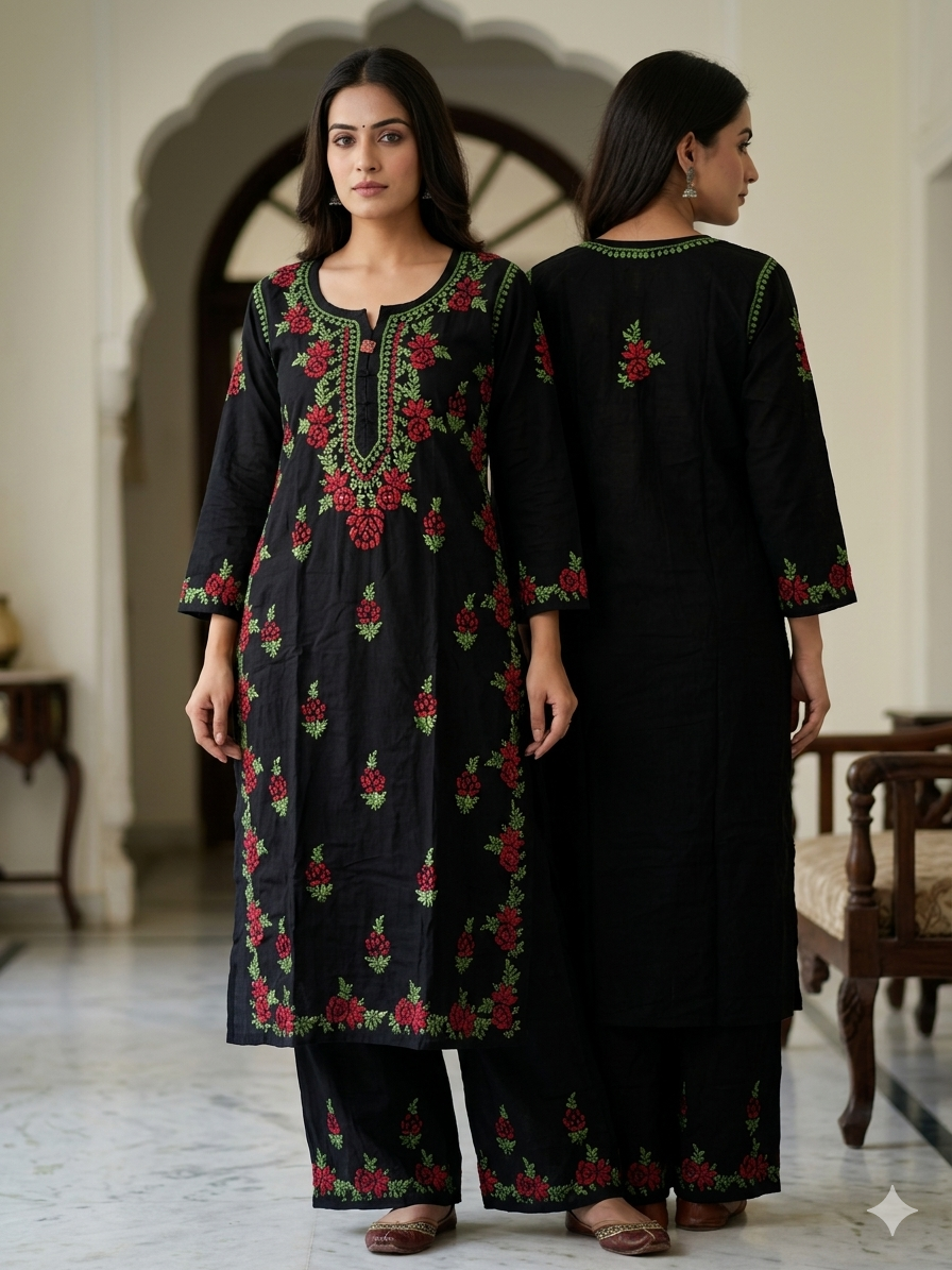 Black Modal Chikankari Hand Embroidered 2-Piece Kurti Pant Set