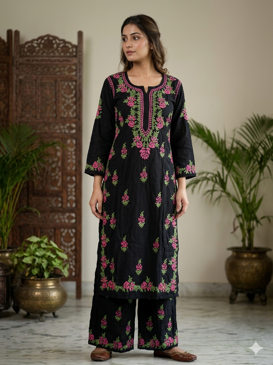 Black Modal Chikankari Hand Embroidered 2-Piece Kurti Pant Set