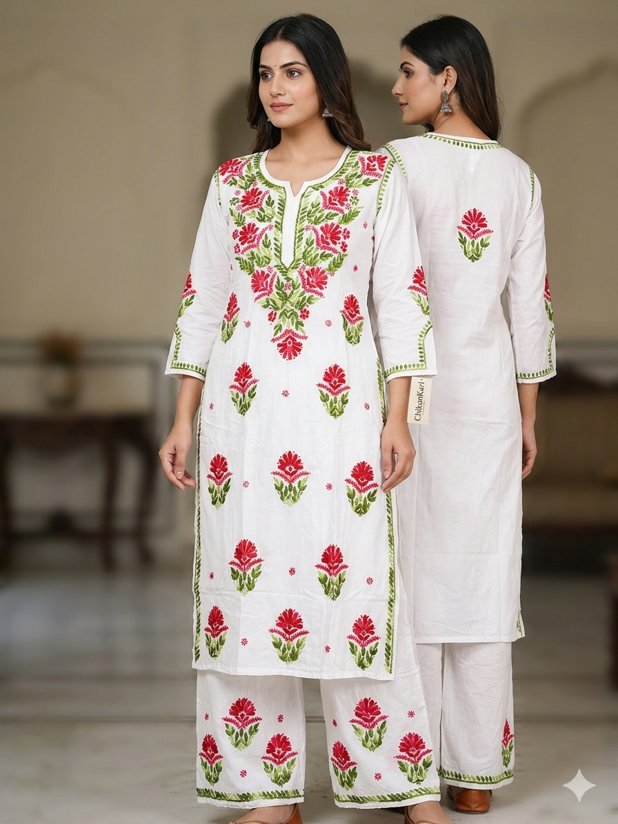 Milky White Modal Chikankari Hand Embroidered 2-Piece Kurti Pant Set