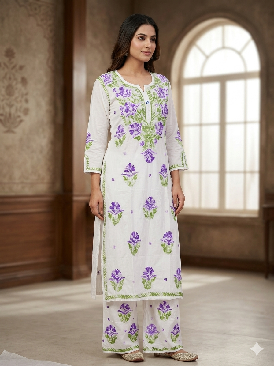 Milky White Modal Chikankari Hand Embroidered 2-Piece Kurti Pant Set