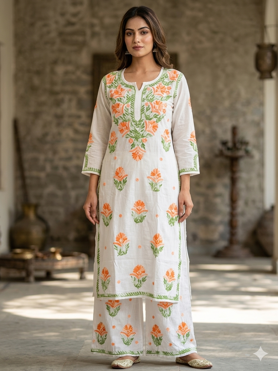 Milky White Modal Chikankari Hand Embroidered 2-Piece Kurti Pant Set