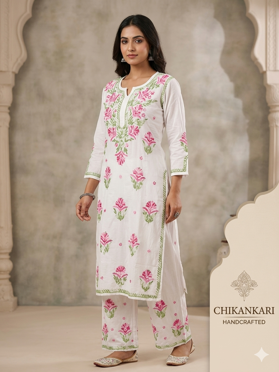 Milky White Modal Chikankari Hand Embroidered 2-Piece Kurti Pant Set