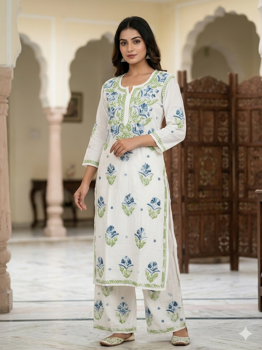 Milky White Modal Chikankari Hand Embroidered 2-Piece Kurti Pant Set