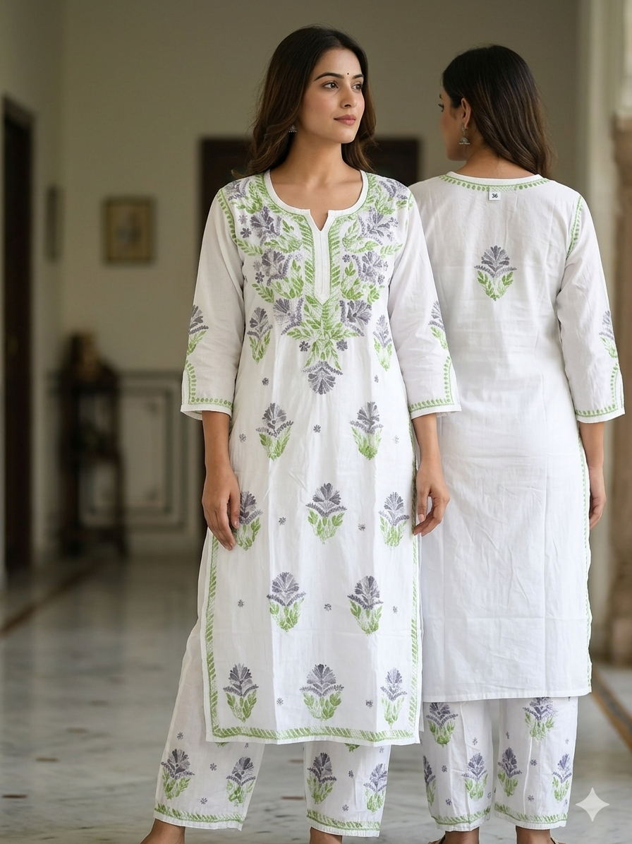 Milky White Modal Chikankari Hand Embroidered 2-Piece Kurti Pant Set