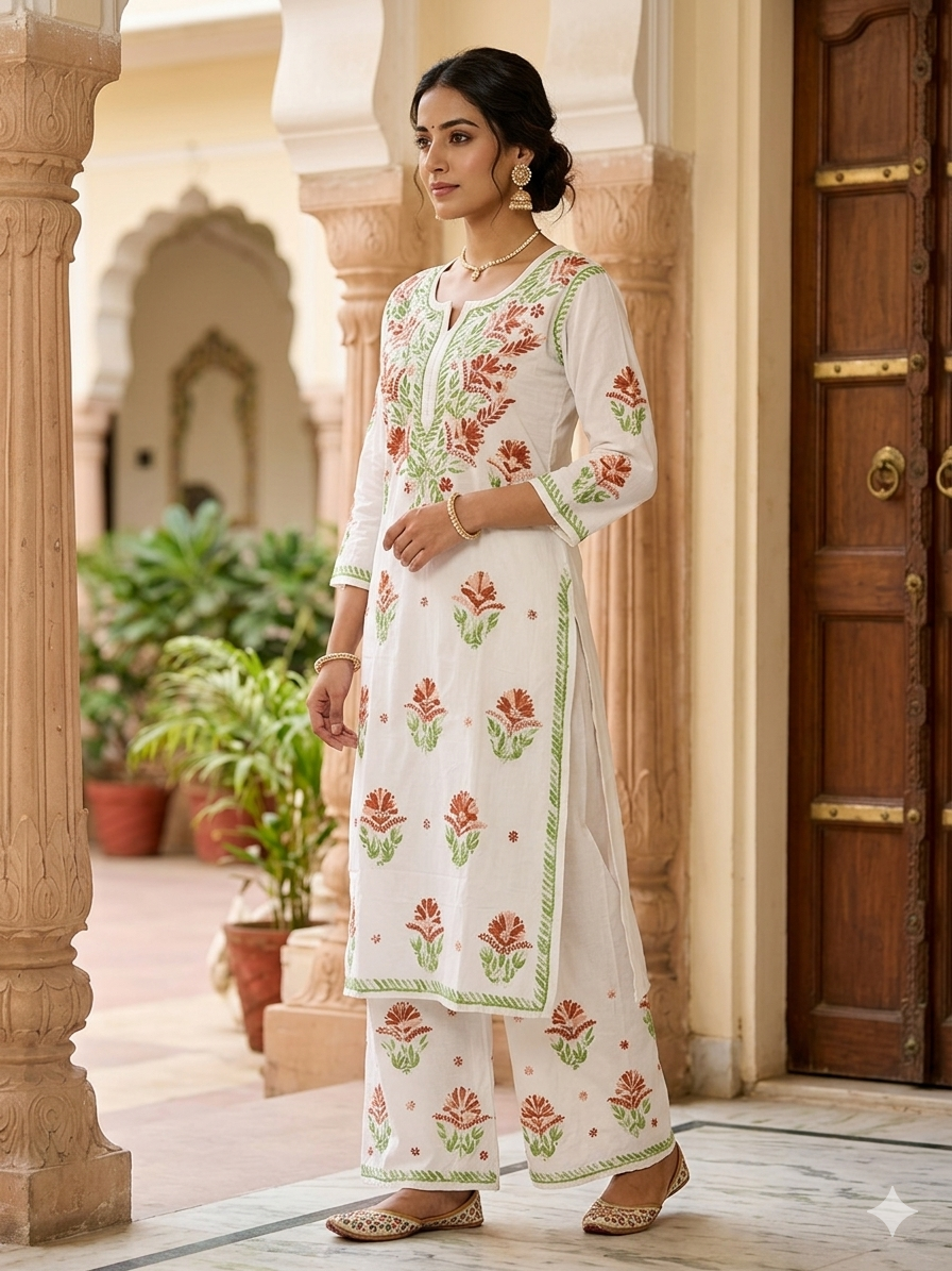 Milky White Modal Chikankari Hand Embroidered 2-Piece Kurti Pant Set