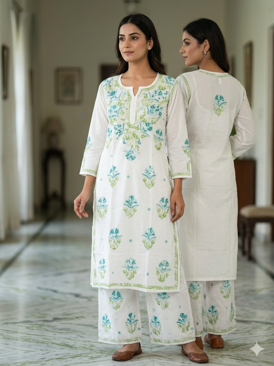 Milky White Modal Chikankari Hand Embroidered 2-Piece Kurti Pant Set