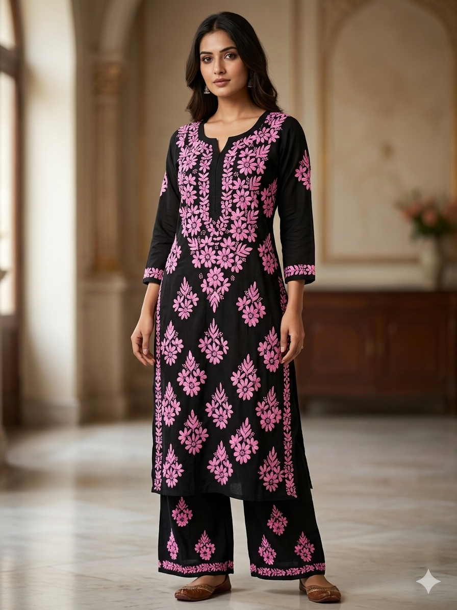 Black Modal Chikankari Hand Embroidered 2-Piece Kurti Pant Set