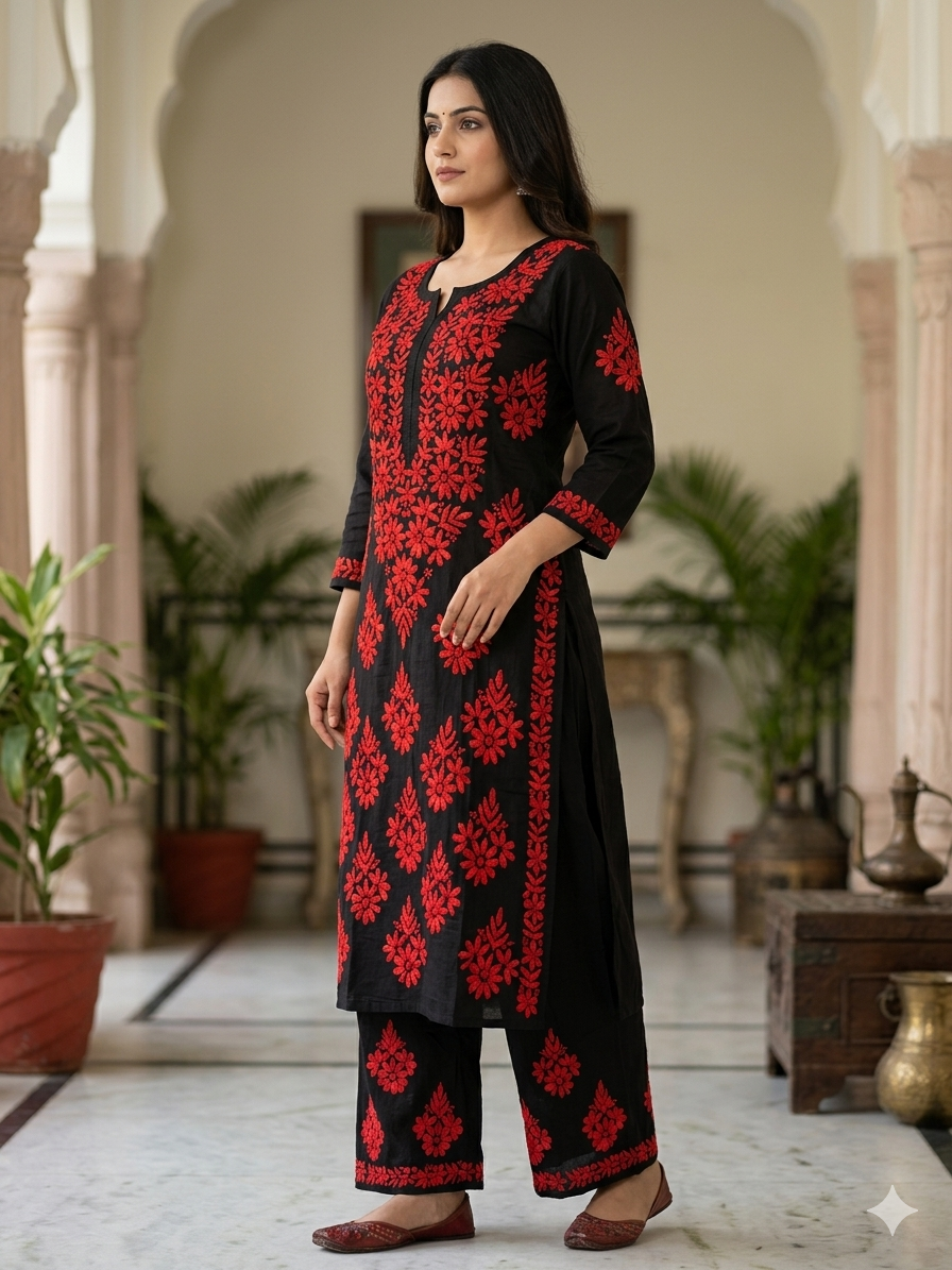 Black Modal Chikankari Hand Embroidered 2-Piece Kurti Pant Set