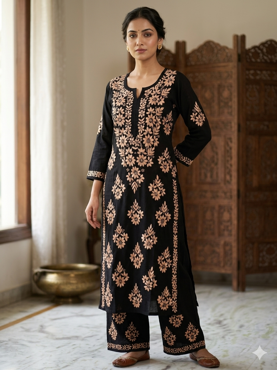 Black Modal Chikankari Hand Embroidered 2-Piece Kurti Pant Set