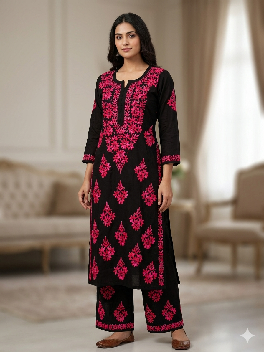 Black Modal Chikankari Hand Embroidered 2-Piece Kurti Pant Set