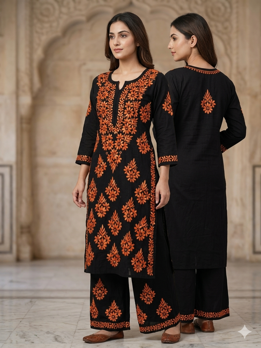 Black Modal Chikankari Hand Embroidered 2-Piece Kurti Pant Set
