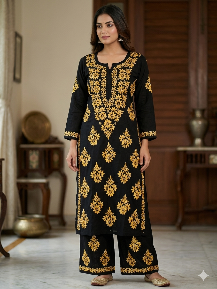 Black Modal Chikankari Hand Embroidered 2-Piece Kurti Pant Set