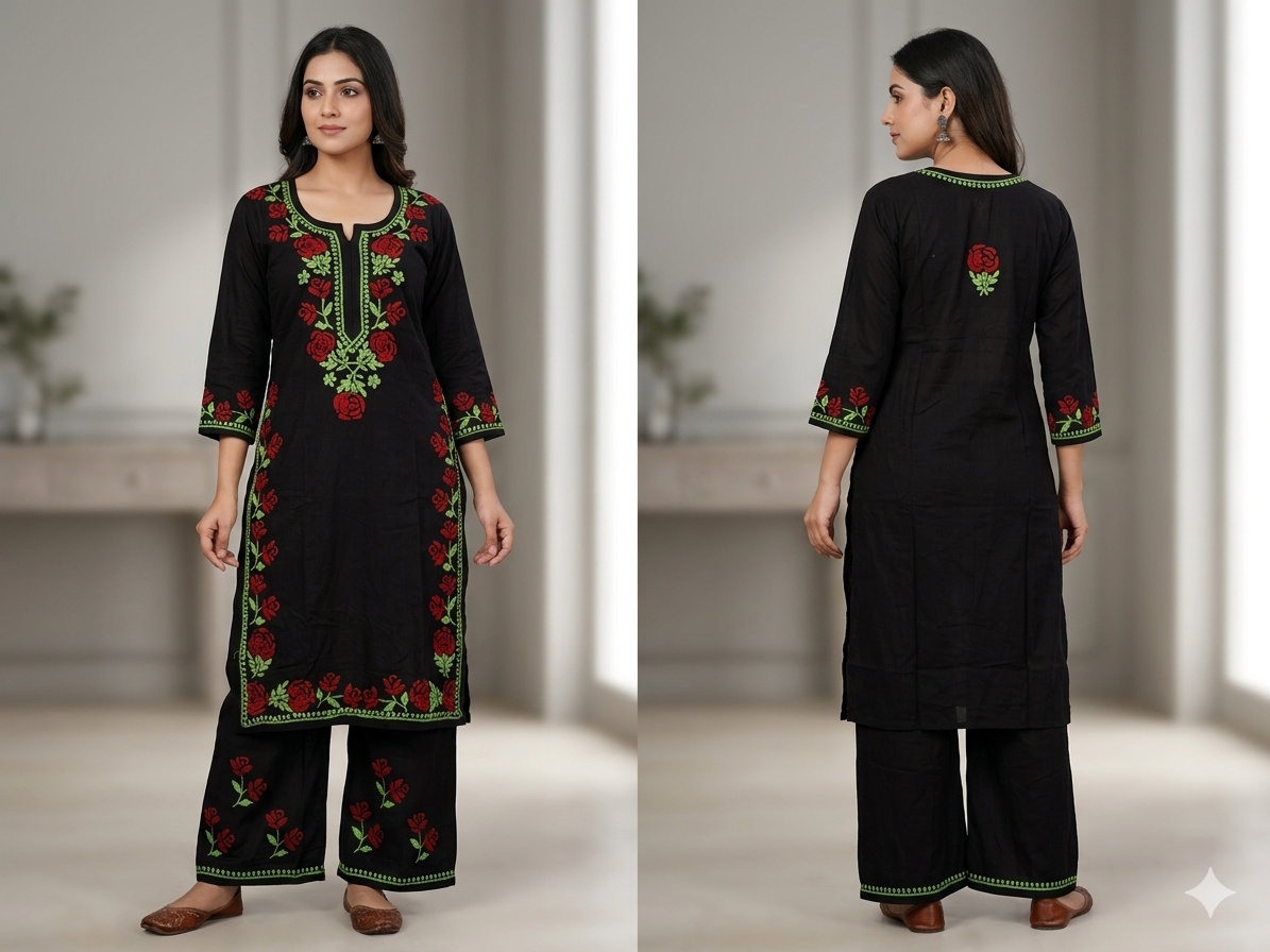 Black Modal Chikankari Hand Embroidered 2-Piece Kurti Pant Set