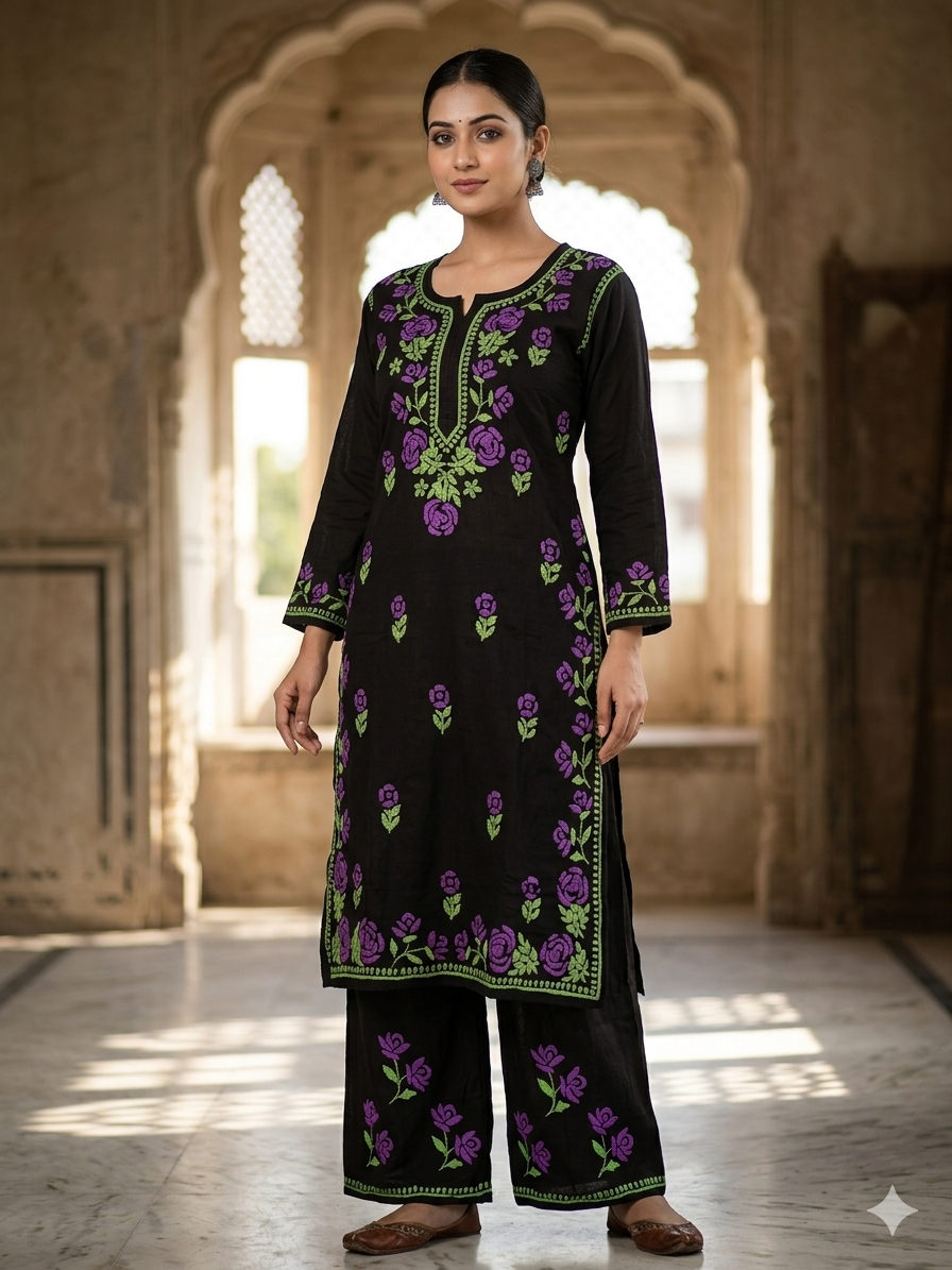Black Modal Chikankari Hand Embroidered 2-Piece Kurti Pant Set