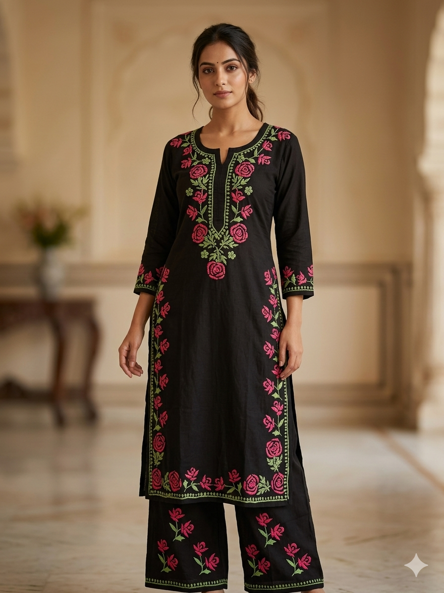 Black Modal Chikankari Hand Embroidered 2-Piece Kurti Pant Set