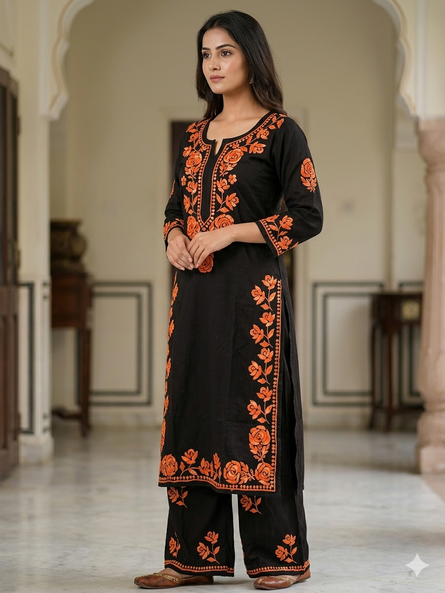 Black Modal Chikankari Hand Embroidered 2-Piece Kurti Pant Set