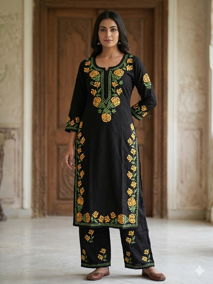 Black Modal Chikankari Hand Embroidered 2-Piece Kurti Pant Set