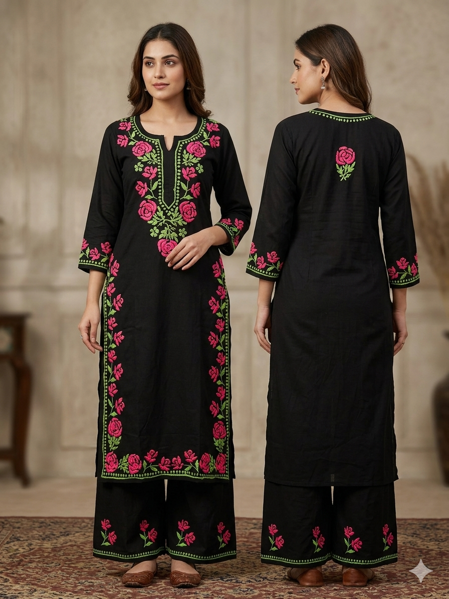 Black Modal Chikankari Hand Embroidered 2-Piece Kurti Pant Set