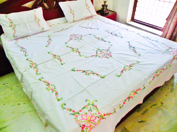 Chikonwala's Hand Embroidered Floral Design Jhanj Work Bedsheet