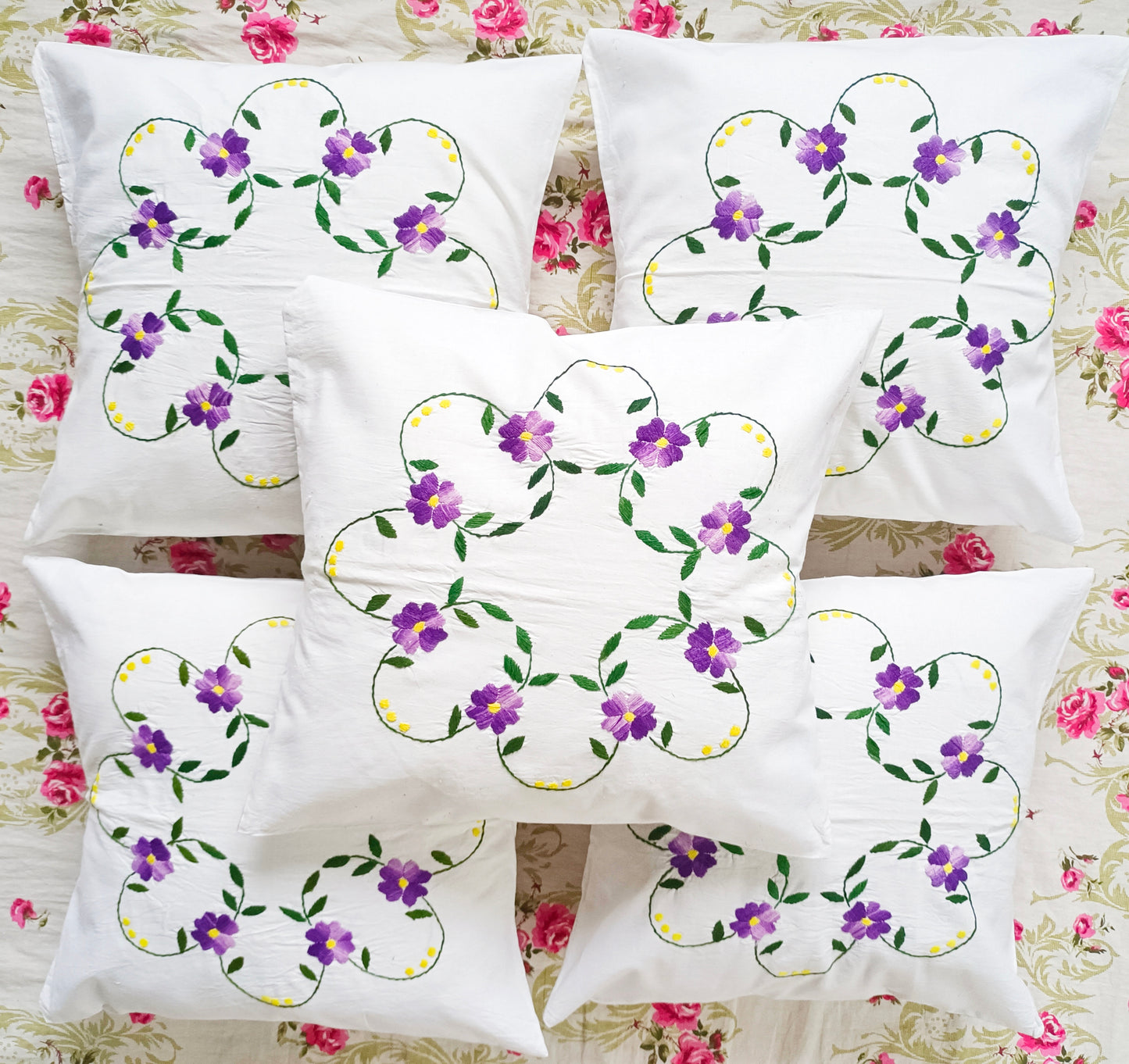 Hand Embroidered Cotton Cushion Covers (Set of 5)