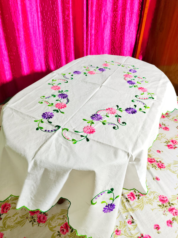 Hand Embroidered Floral Table Cover