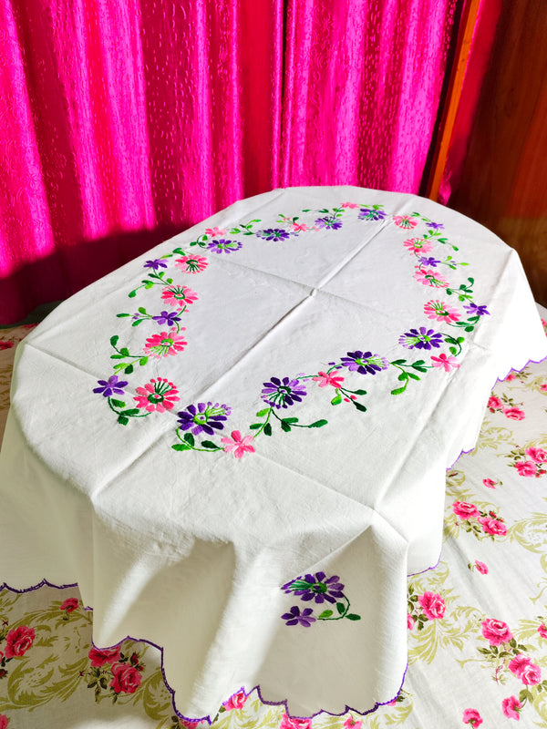 Hand Embroidered Floral Table Cover