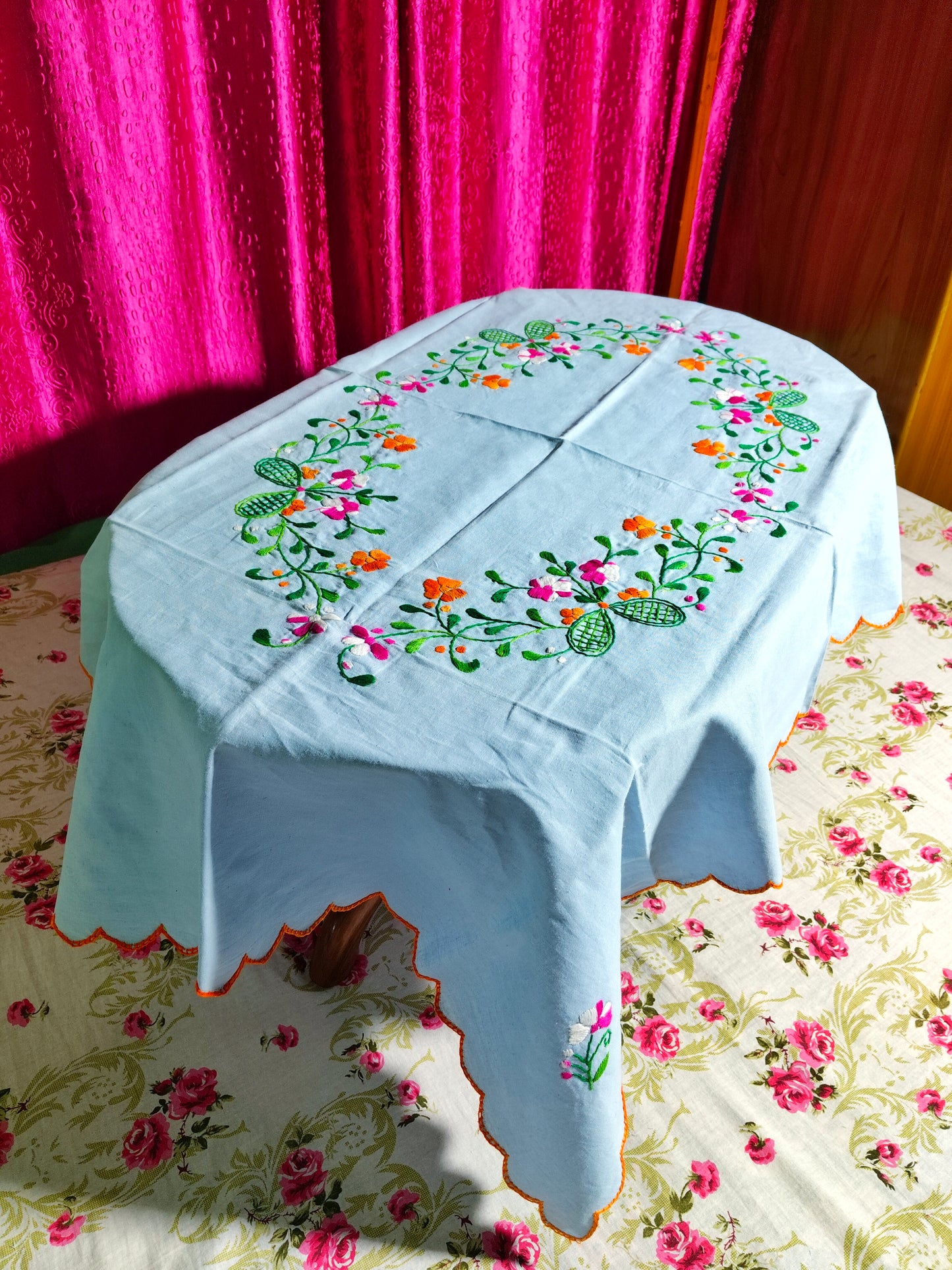 Hand Embroidered Floral Table Cover