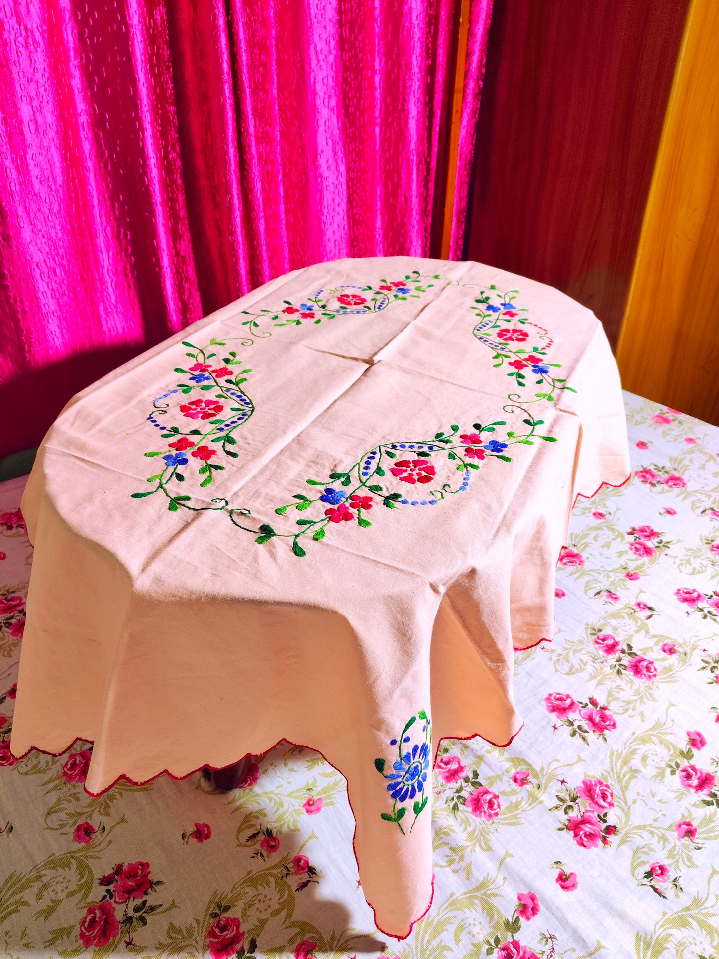 Hand Embroidered Floral Table Cover