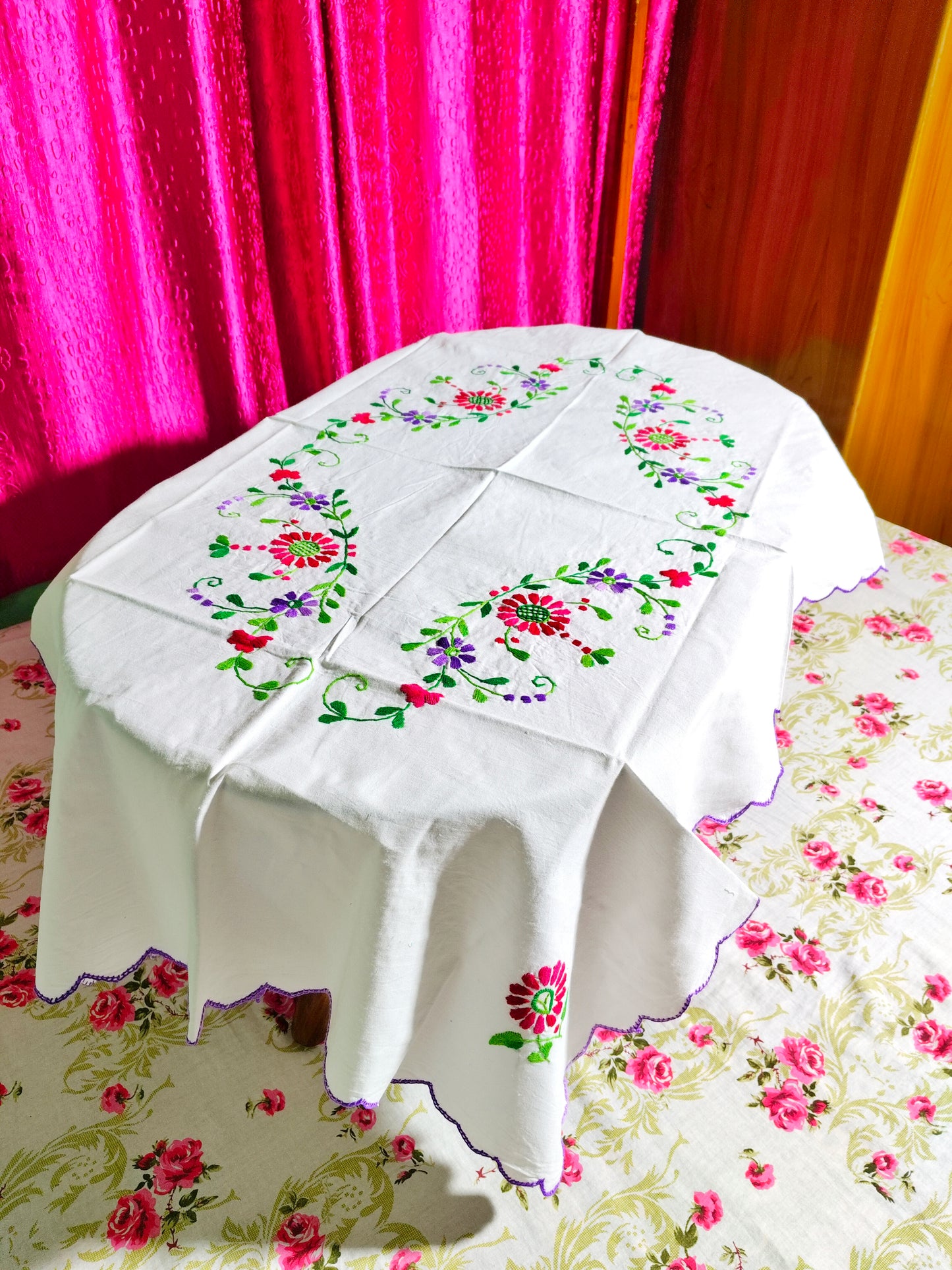 Hand Embroidered Floral Table Cover