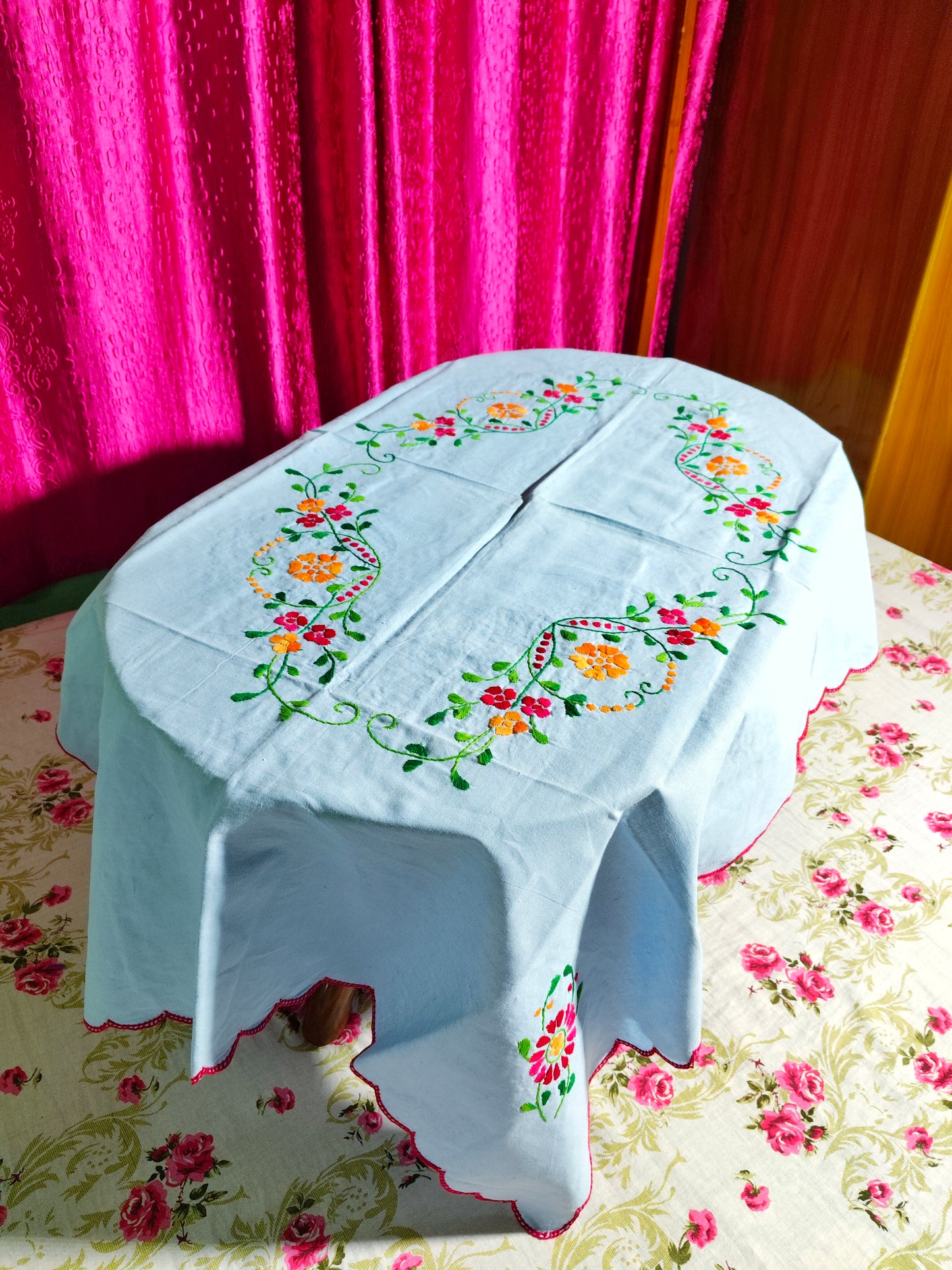 Hand Embroidered Floral Table Cover