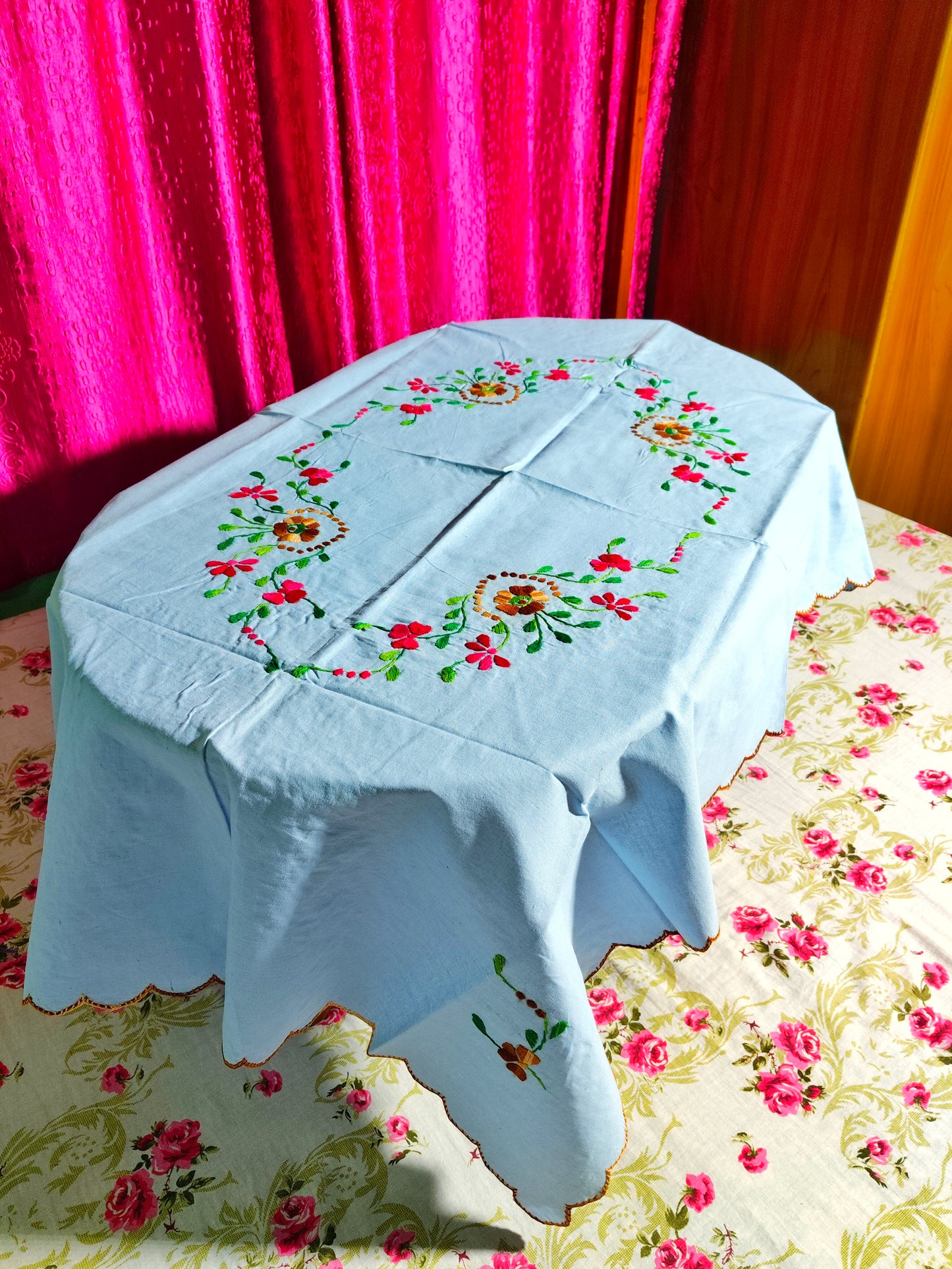 Hand Embroidered Floral Table Cover