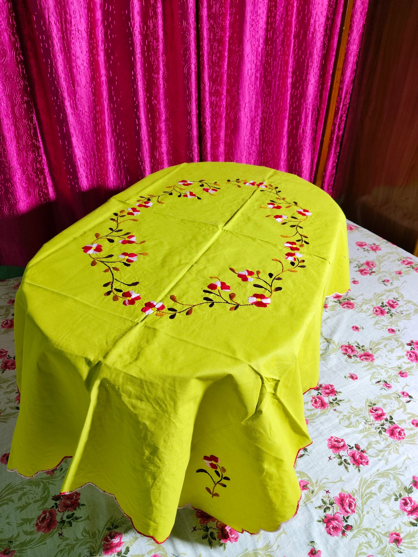 Hand Embroidered Floral Table Cover