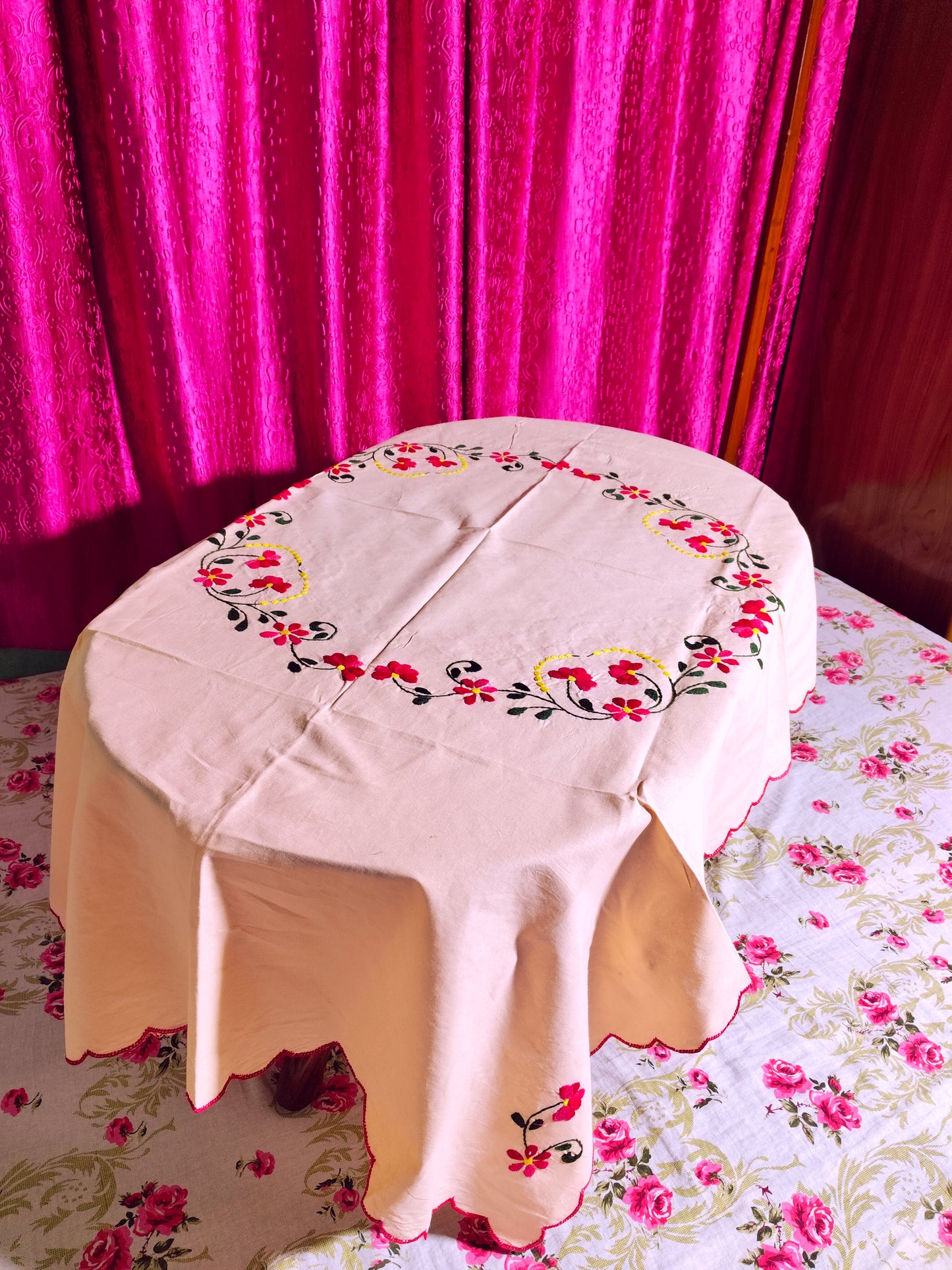 Hand Embroidered Floral Table Cover