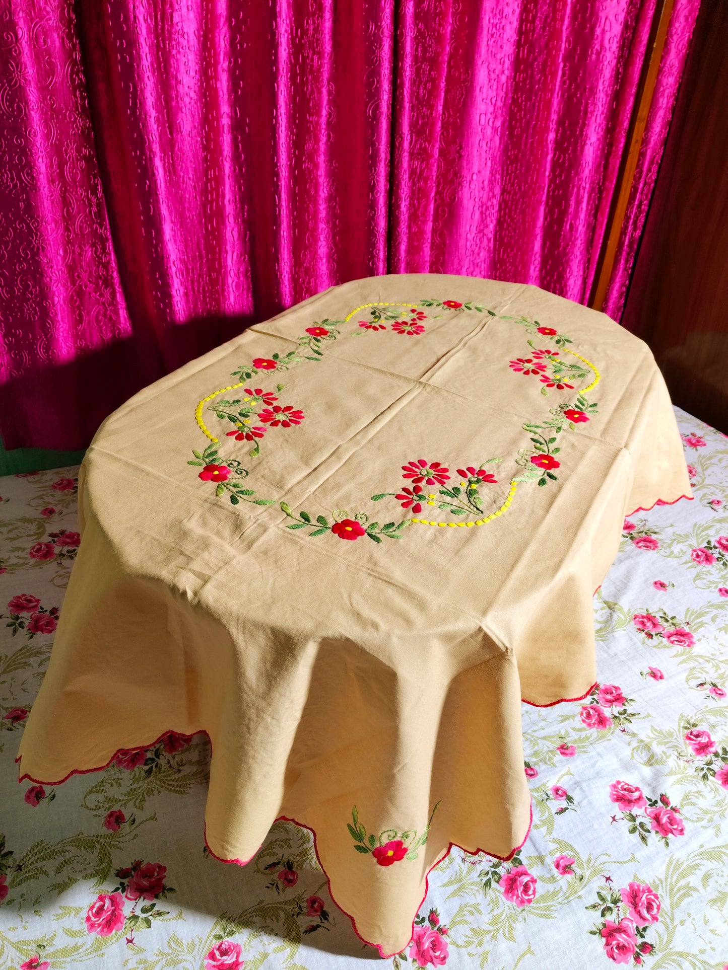 Hand Embroidered Floral Table Cover