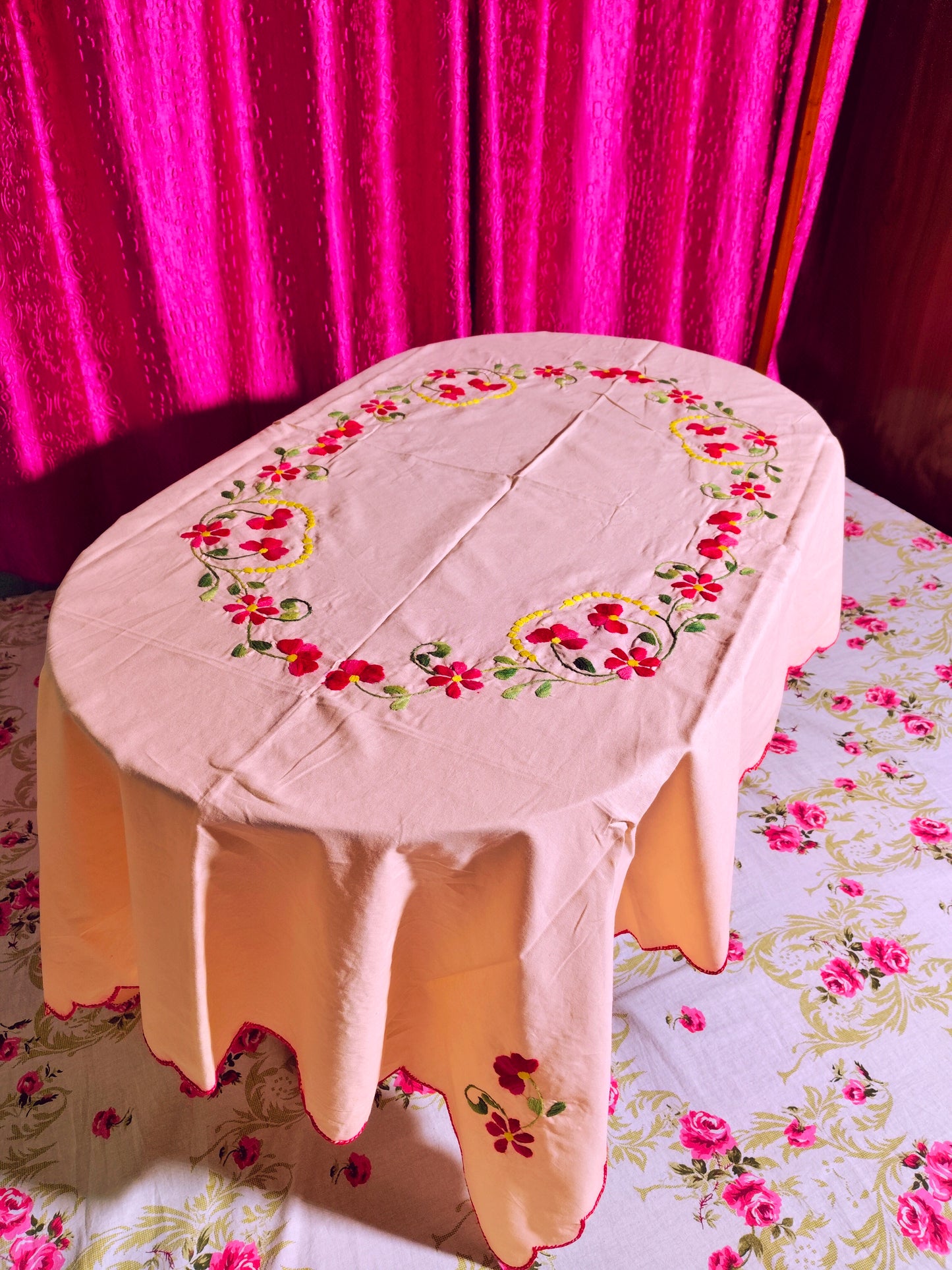 Hand Embroidered Floral Table Cover