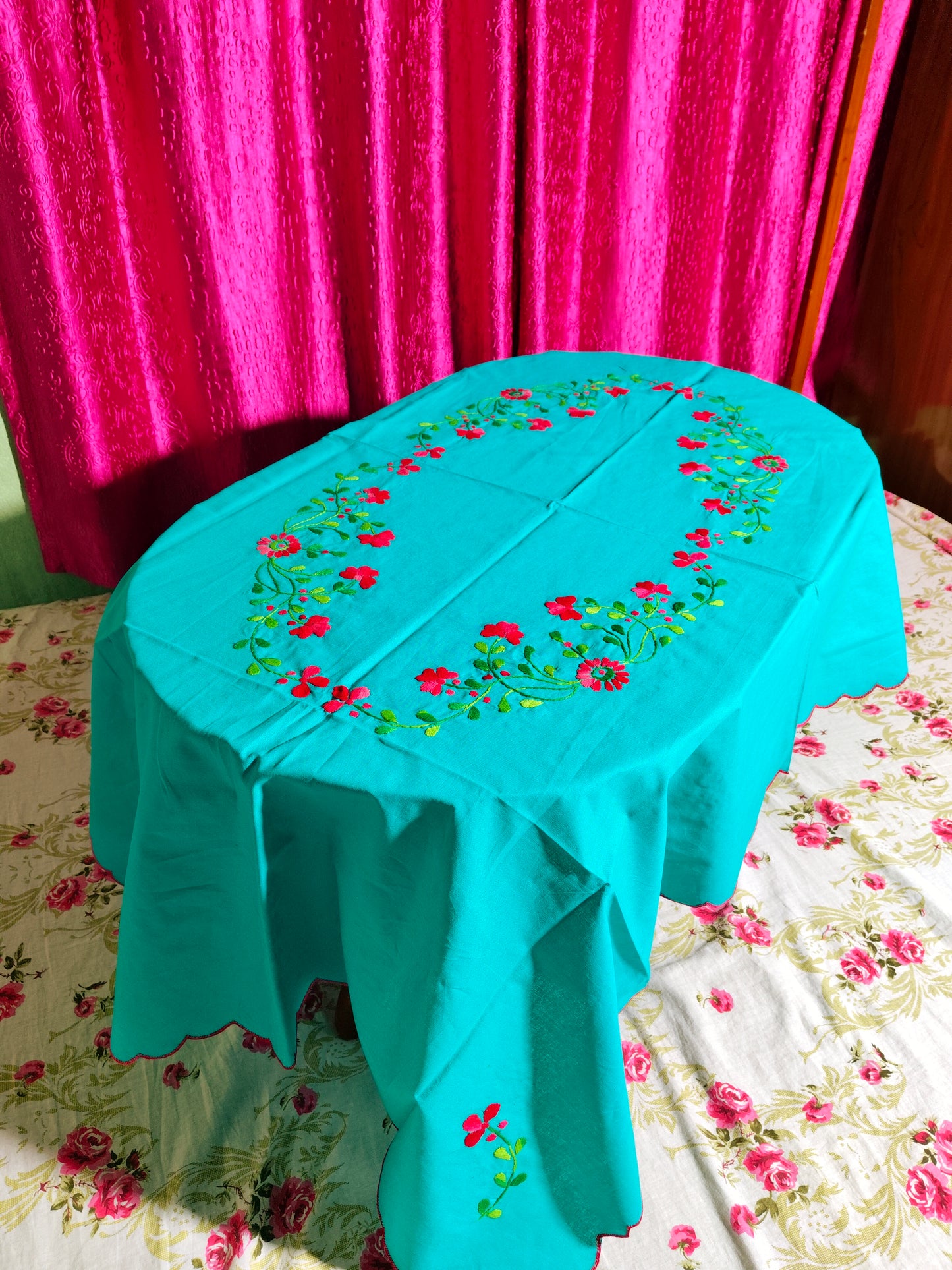 Hand Embroidered Floral Table Cover