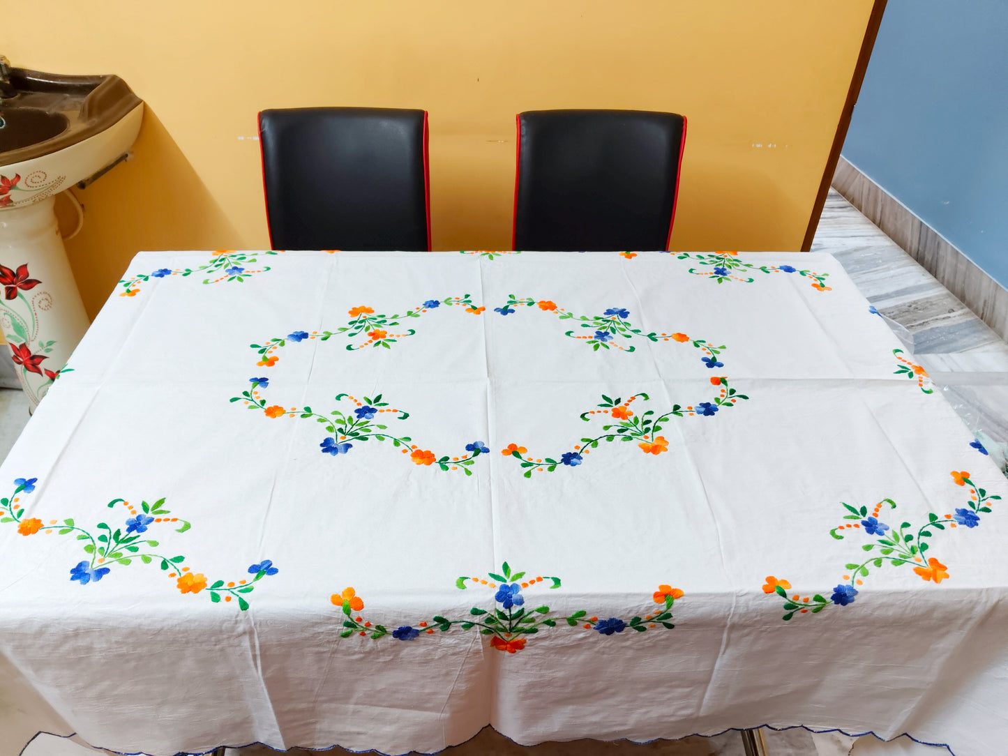 Hand Embroidered Floral Table Cover