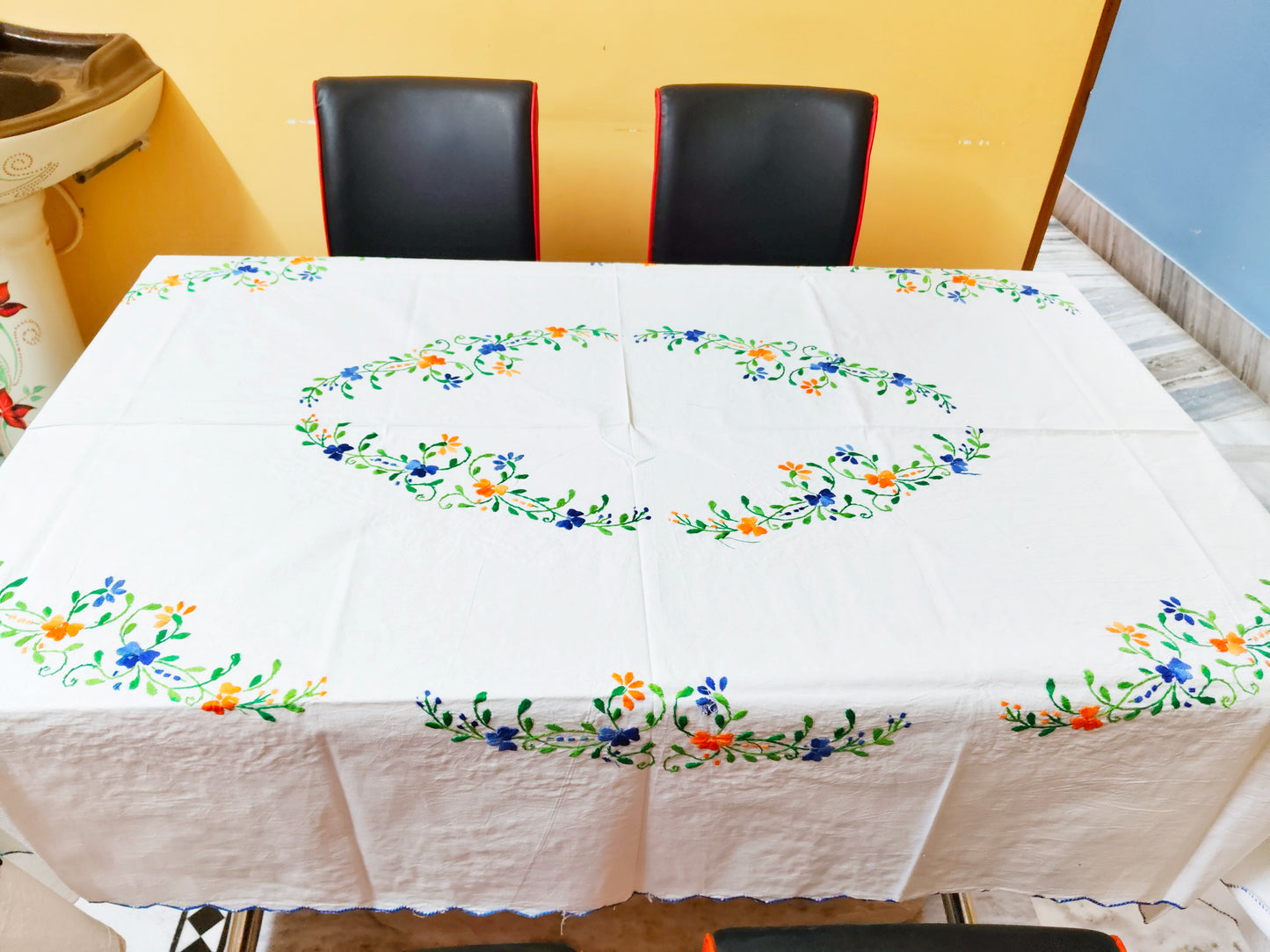 Hand Embroidered Floral Table Cover