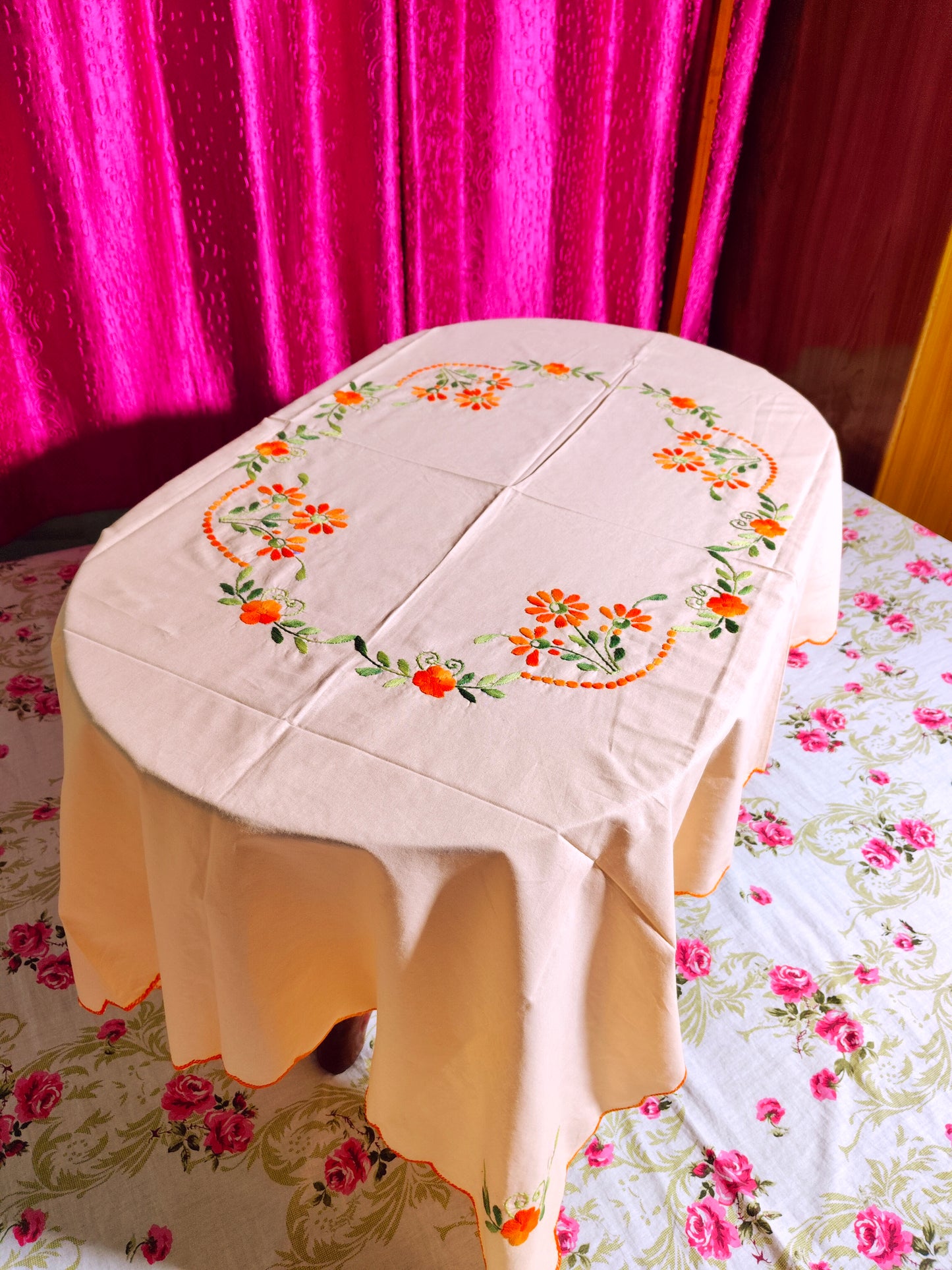 Hand Embroidered Floral Table Cover
