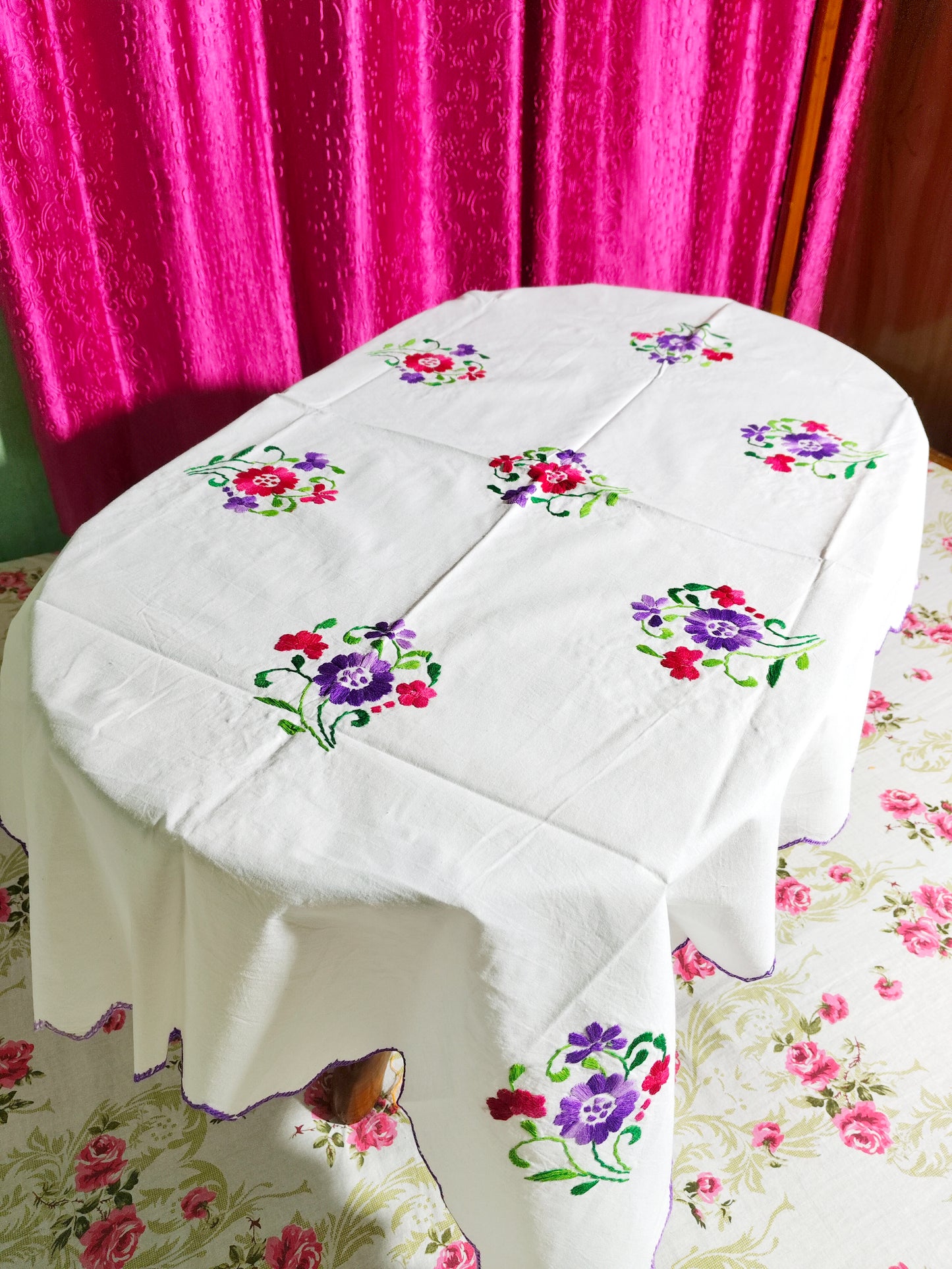 Hand Embroidered Floral Table Cover